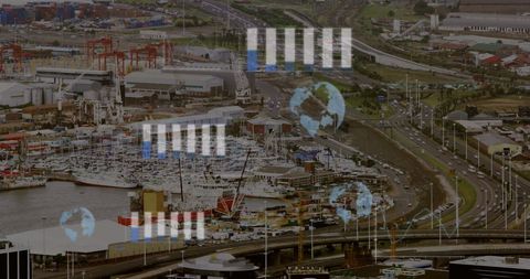 Digital Interface Overlay on Cityscape Representing Global Business Concept