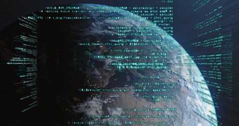 Planet Earth with Flowing Digital Code in Outer Space