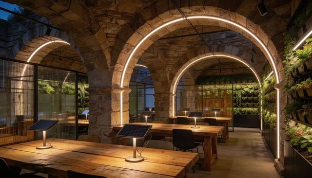 Historic vaulted coworking space with warm led arches, reclaimed wood desks and greenery
