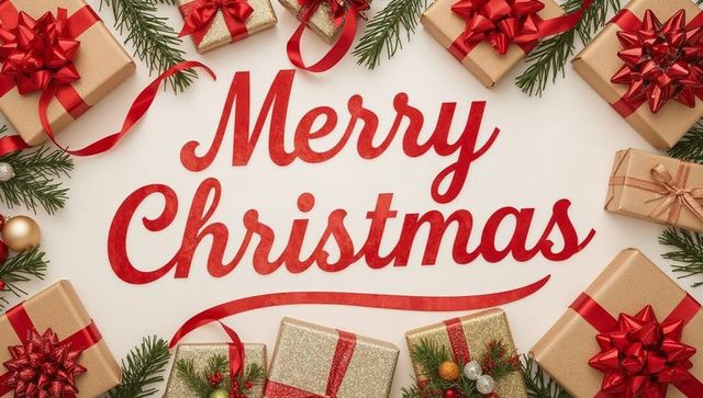 Merry christmas red script with kraft-wrapped gifts, red bows, pine sprigs, gold ornaments