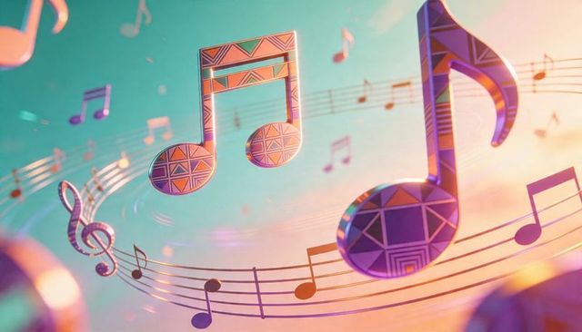 Vibrant glossy 3d geometric music notes floating on colorful staff lines with treble clef
