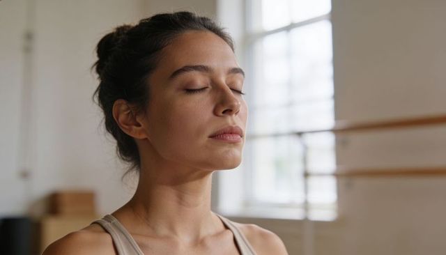 Woman breathing, meditating in ballet studio with barre and sunlit paned window
