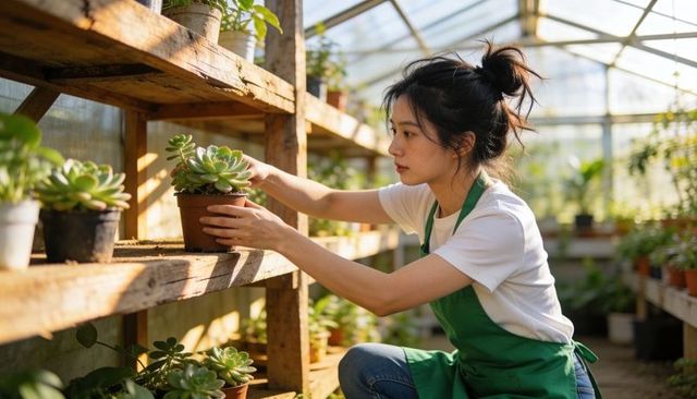 Gardener tending succulent plants on rustic shelves in sunlit greenhouse for urban garden