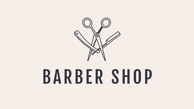 Ideal for barber shop signage, business cards, and branding materials. This logo features an illustration of scissors and a straight razor crossed behind bold text. Perfect for conveying a traditional and professional grooming service.