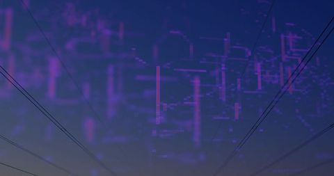 Neon purple hologram grid hovering over dusk horizon with diagonal cables and circuitry