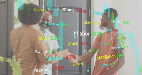 Shaking hands in lobby with financial data overlay, colleagues greeting, partnership