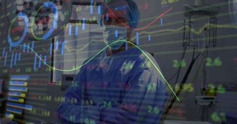 Surgeon with financial graphs in operating room symbolizing medical technology fusion