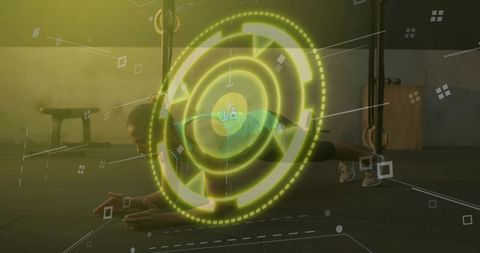 Woman holding plank at gym with neon hud fitness interface and gym rings overlay