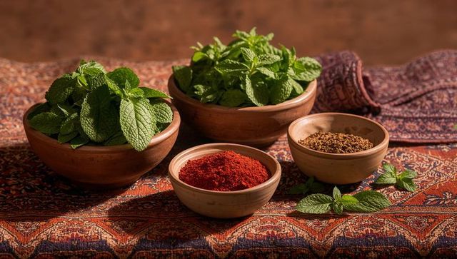 Rustic clay bowls with fresh mint and vibrant spices on patterned textile