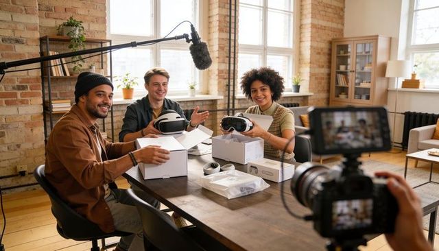 Creators unboxing VR headsets while filming tech review in sunlit loft studio