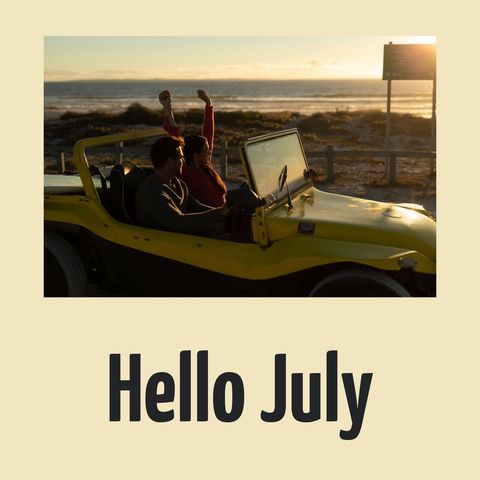 Caucasian Couple in Beach Buggy Celebrating July at Sunset - Download Free Stock Templates Pikwizard.com