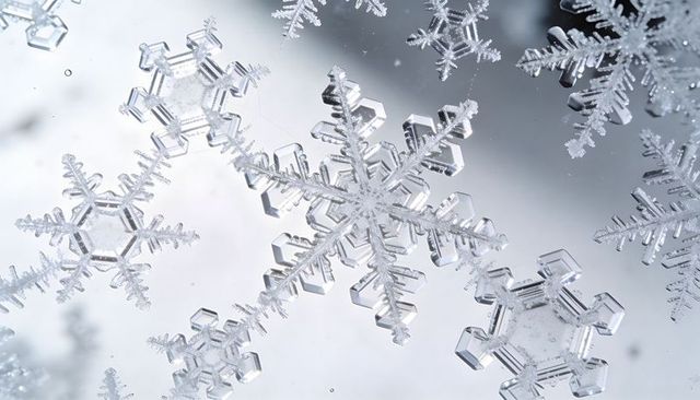 Macro closeup hexagonal snow crystals sparkling on glass with intricate frost facets