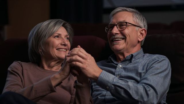 Senior Couple Holding Hands, Smiling on Couch During Cozy Evening, Romantic Companionship