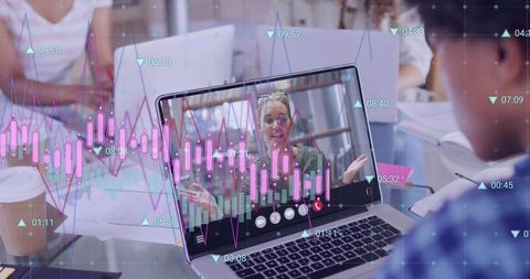 Remote video presentation on laptop with financial chart overlay during team meeting