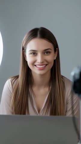 Smiling presenter recording vertical livestream with laptop and ring light