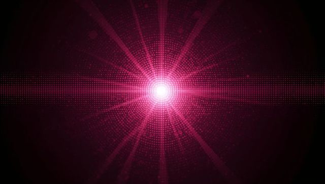 Radiating magenta halftone starburst with glowing white core and horizontal glow band