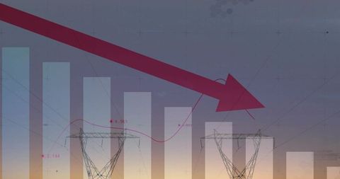Declining energy prices concept with red arrow, power lines and data bars at sunset