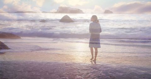 Woman Walking Barefoot on Beach at Sunset Tranquil Scene - Download Free Stock Images Pikwizard.com