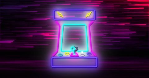 Retro neon arcade machine silhouette on futuristic background