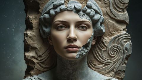 Classical cleopatra bust in stone slab with ornamental swirls