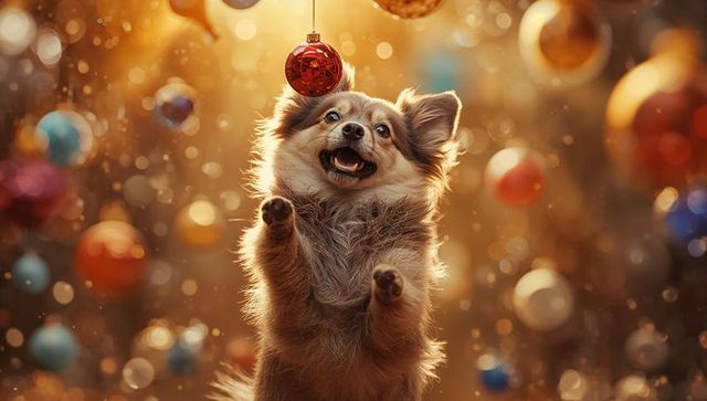 Fluffy dog playfully admiring hanging holiday ornaments