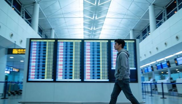Solo traveler walking past cancelled departures board in modern airport concourse