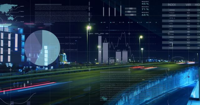 Display of advanced interchange showing moving vehicles on a street during night time in urban city. Includes various icons, charts and statistics reflective of business and technological themes. Ideal for illustrating modern city transportation, global market analysis, futuristic marketing, high tech data visualization and automotive industry trends.