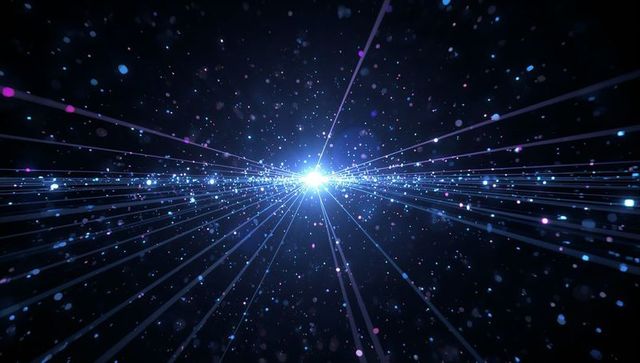 Neon blue starburst tunnel radiating light beams and floating particles