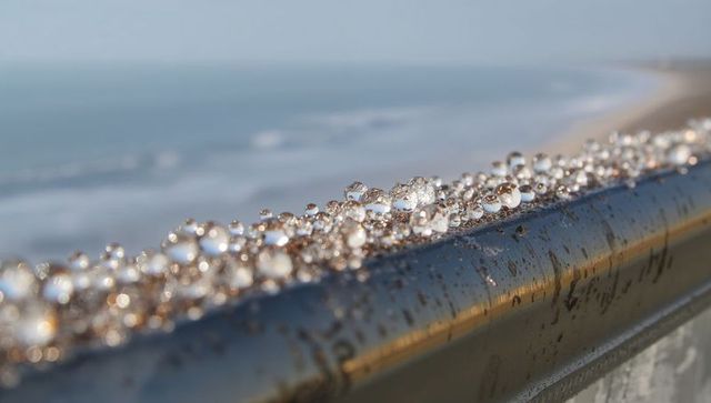 Dew droplets on rusted seafront railing reflecting soft ocean light