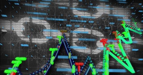 Neon 3D financial visualization sweeping grid, glowing chart peaks and floating numbers