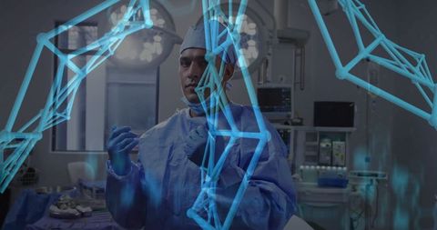 Surgeon Performing Robotic-Assisted Surgery with Futuristic Digital Overlay