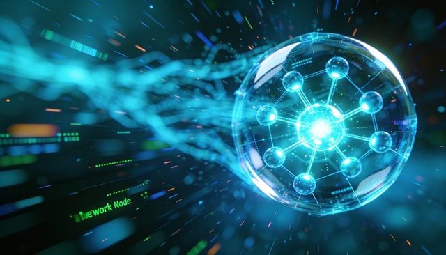 Holographic network orb visualizing data flow and cyber nodes in neon cyberspace