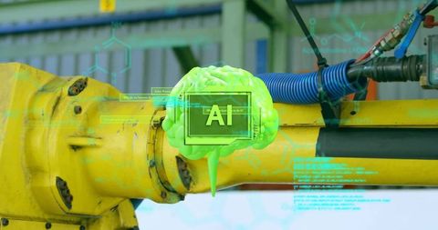 Industrial robot arm displaying holographic ai brain for predictive maintenance