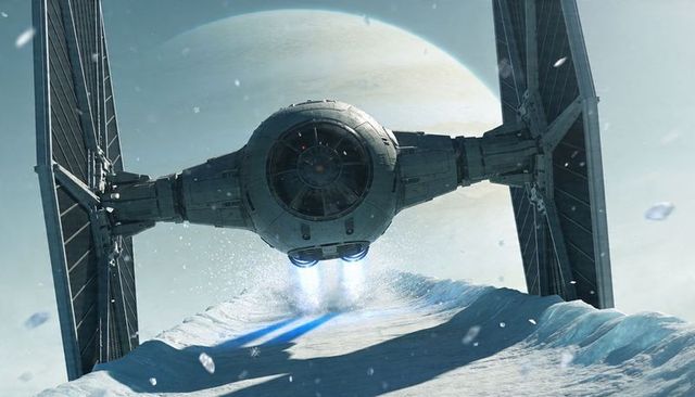 Hovering winged starfighter emitting blue thruster plumes over icy ridge beneath gas giant