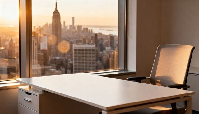 Sunset-lit manhattan office with empty desk and ergonomic mesh chair, empire state view