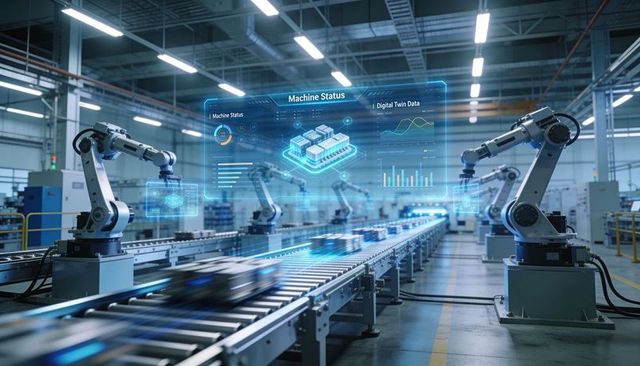 Operating automated conveyor with robotic arms and holographic machine status in factory