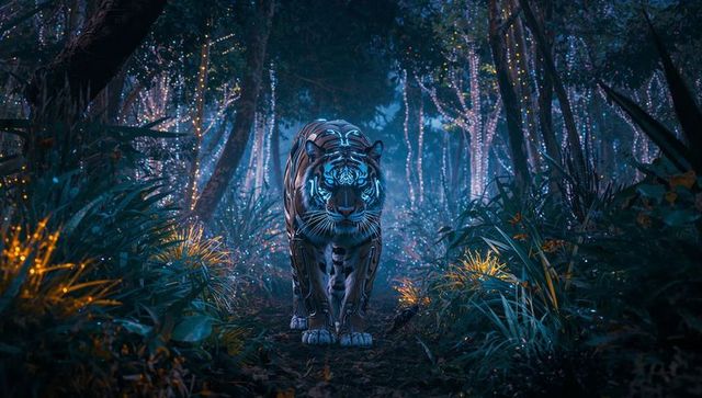 Mystical bioluminescent tiger in enchanted forest at night