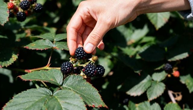 Adult Hand Picking Ripe Blackberries from Bramble Hedge in Sunlit Closeup Seasonal Harvest