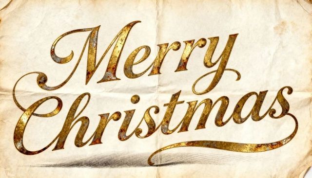 Gilded merry christmas calligraphy on vintage parchment with distressed gold lettering