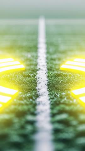 Vertical video pulsing golden light bars flanking midfield line on green turf