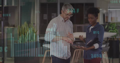 Colleagues Collaborating with Digital Financial Data Overlay