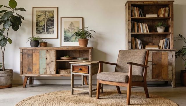 Mid-century armchair on round jute rug in cozy rustic living room with wood cabinet