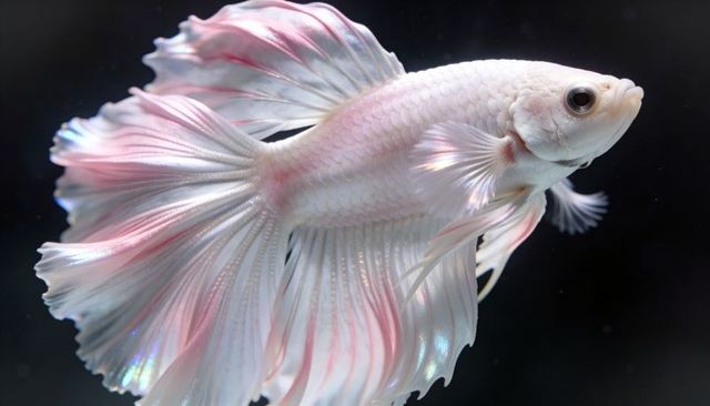 Iridescent pastel betta fish with flowing ruffled fins, closeup aquarium elegance