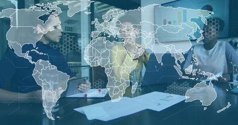 Team of three women collaborating with global data overlay, charts, laptop, tablet