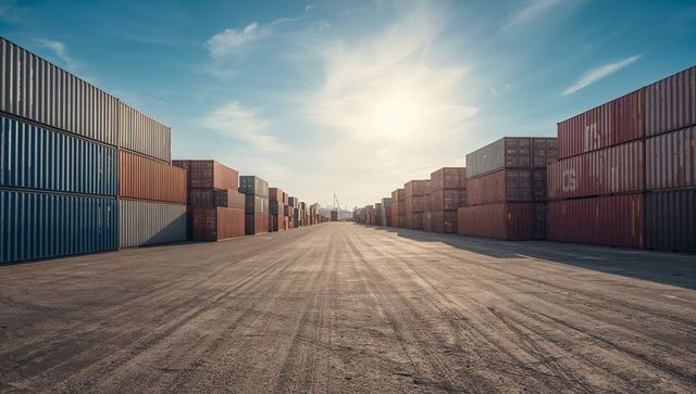 Sunlit container terminal leading toward horizon with stacked shipping containers