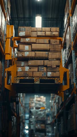 Vertical pallet lift elevating labeled cardboard boxes between high warehouse racks for logistics