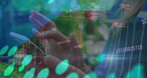 Hands Typing on Smartphone with Data Processing Overlay