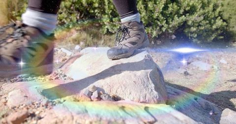 Hiking Boots on Scenic Trail with Fantasy Rainbow Sparkles