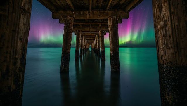 Under-Pier Aurora Tunnel with Wooden Pilings, Barnacles and Vibrant Sea Reflections