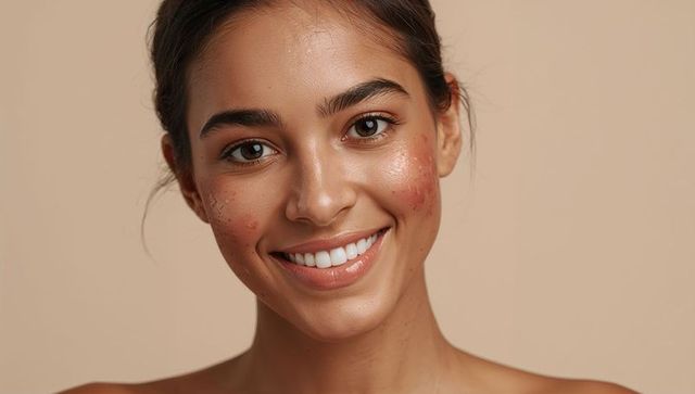 Smiling woman with natural skin texture and glossy lips closeup beauty portrait on beige